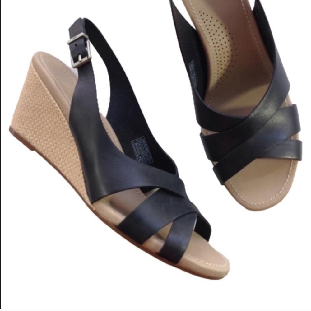 NEW UGG espadrille wedge black leather sandals 11